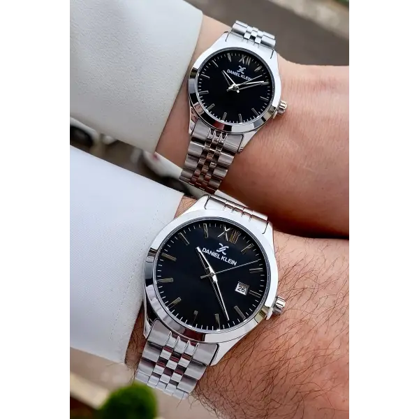 Kadranı Siyah Kordonu Gümüş Renk Hediye Paketli Sevgili Çift Kol Saati STISTE32