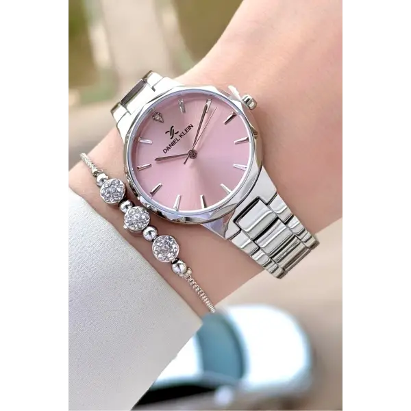 Kadranı Pembe Kordonu Gümüş Renk Hediye Paketli Kadın Kol Saati ve Bileklik