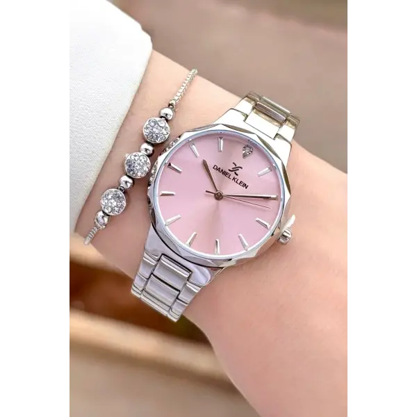 Kadranı Pembe Kordonu Gümüş Renk Hediye Paketli Kadın Kol Saati ve Bileklik