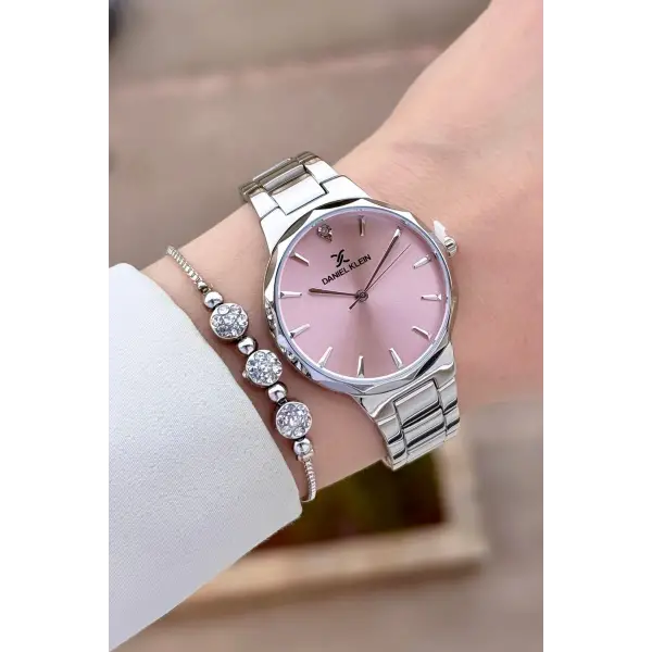 Kadranı Pembe Kordonu Gümüş Renk Hediye Paketli Kadın Kol Saati ve Bileklik