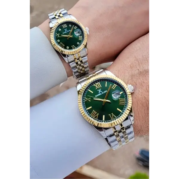 Yeşil Gold Gümüş Renk Hediye Paketli Sevgili Çift Kol Saati STISTE39