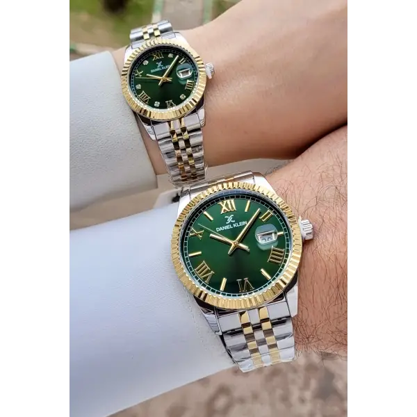 Yeşil Gold Gümüş Renk Hediye Paketli Sevgili Çift Kol Saati STISTE39