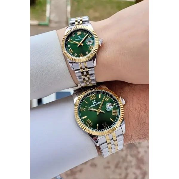 Yeşil Gold Gümüş Renk Hediye Paketli Sevgili Çift Kol Saati STISTE39