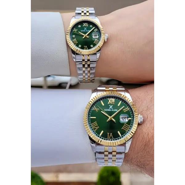 Yeşil Gold Gümüş Renk Hediye Paketli Sevgili Çift Kol Saati STISTE39