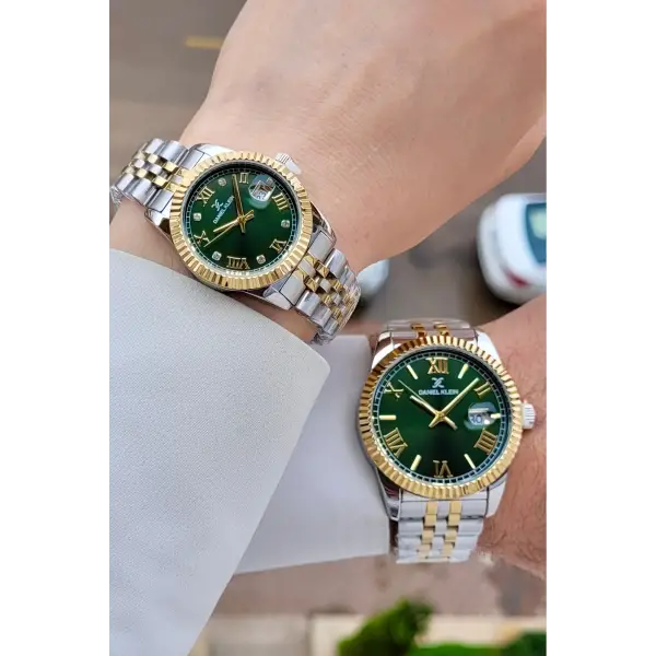 Yeşil Gold Gümüş Renk Hediye Paketli Sevgili Çift Kol Saati STISTE39