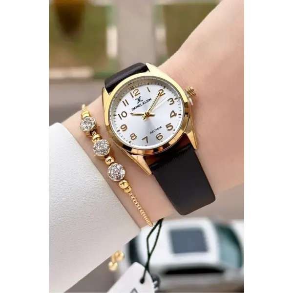 Kasası Gold Kordonu Koyu Kahverengi Renk Hediye Paketli Kadın Kol Saati ve Bileklik