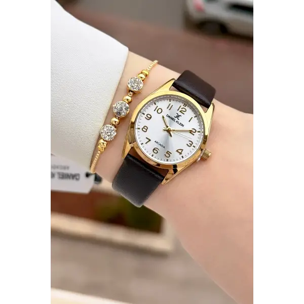 Kasası Gold Kordonu Koyu Kahverengi Renk Hediye Paketli Kadın Kol Saati ve Bileklik