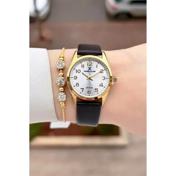 Kasası Gold Kordonu Koyu Kahverengi Renk Hediye Paketli Kadın Kol Saati ve Bileklik