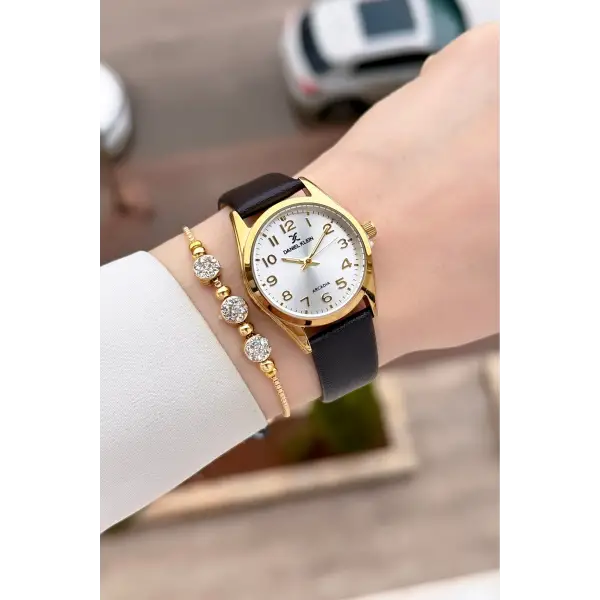 Kasası Gold Kordonu Koyu Kahverengi Renk Hediye Paketli Kadın Kol Saati ve Bileklik