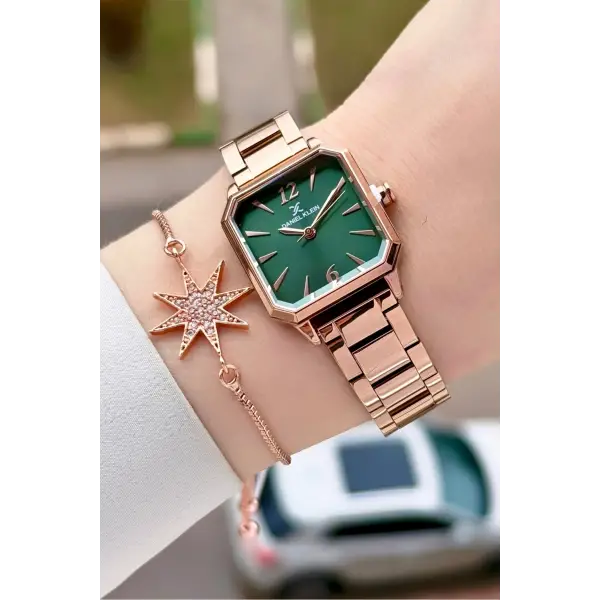 Kadranı Yeşil Kordonu Rose Renk 26 mm Kadın Kol Saati ve Bileklik