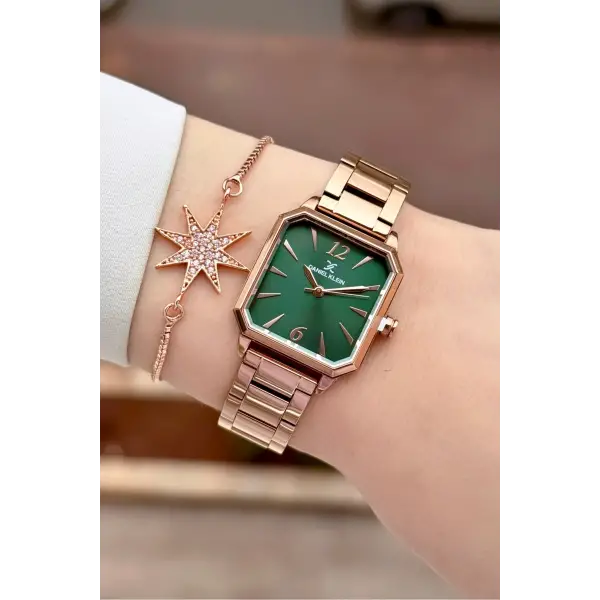 Kadranı Yeşil Kordonu Rose Renk 26 mm Kadın Kol Saati ve Bileklik