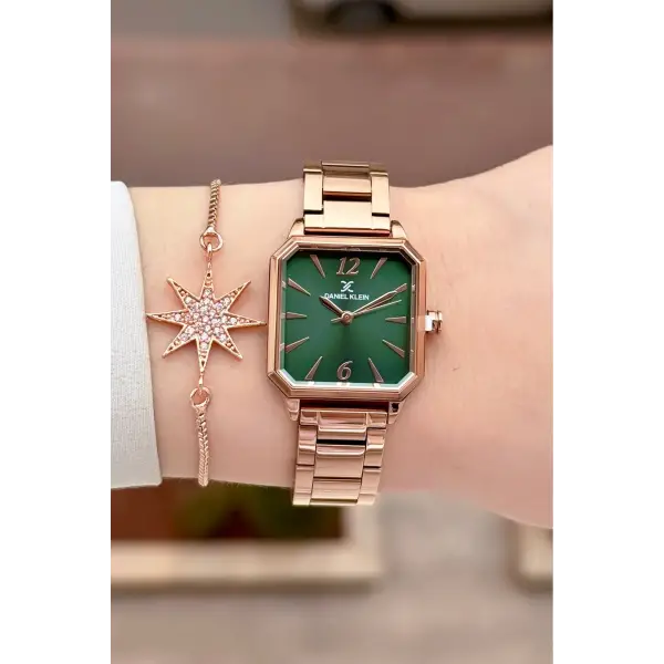 Kadranı Yeşil Kordonu Rose Renk 26 mm Kadın Kol Saati ve Bileklik