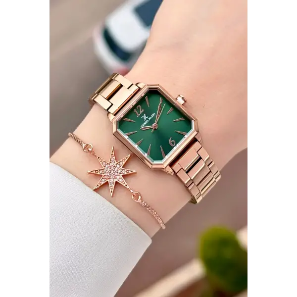 Kadranı Yeşil Kordonu Rose Renk 26 mm Kadın Kol Saati ve Bileklik