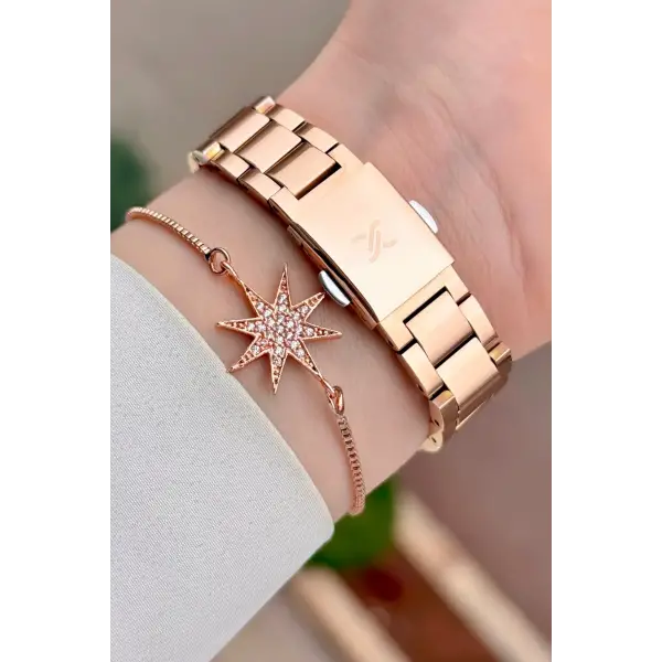 Kadranı Yeşil Kordonu Rose Renk 26 mm Kadın Kol Saati ve Bileklik