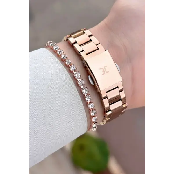 Rose Renk Kesme Camlı 32 Mm Kadın Kol Saati ve Bileklik