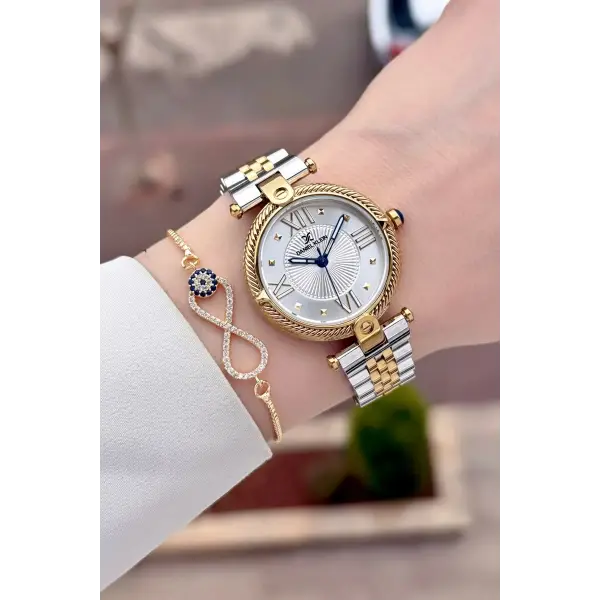 Gold Gümüş Renk 32 Mm Kadın Kol Saati ve Bileklik