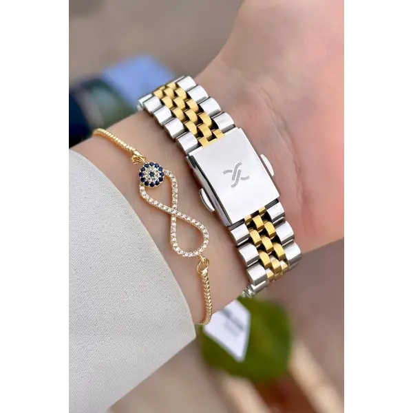 Gold Gümüş Renk 32 Mm Kadın Kol Saati ve Bileklik