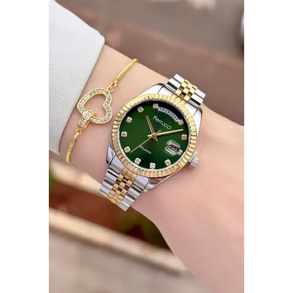 Kadranı Yeşil Kordonu Gold Gümüş Renk Takvimli Kadın Kol Saati ve Bileklik