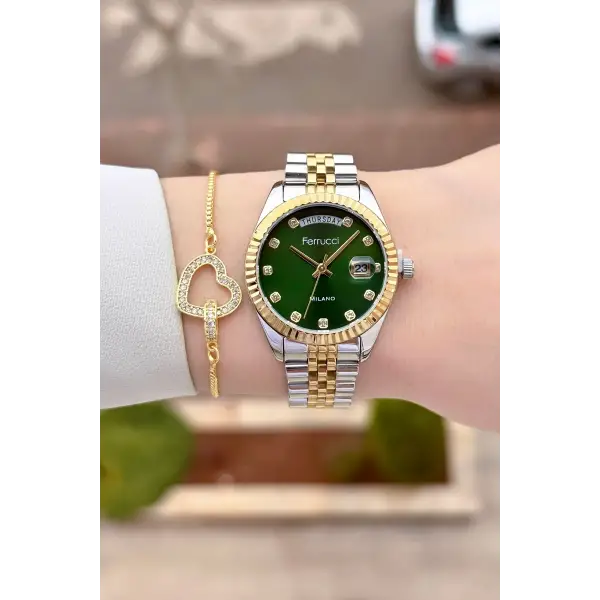 Kadranı Yeşil Kordonu Gold Gümüş Renk Takvimli Kadın Kol Saati ve Bileklik