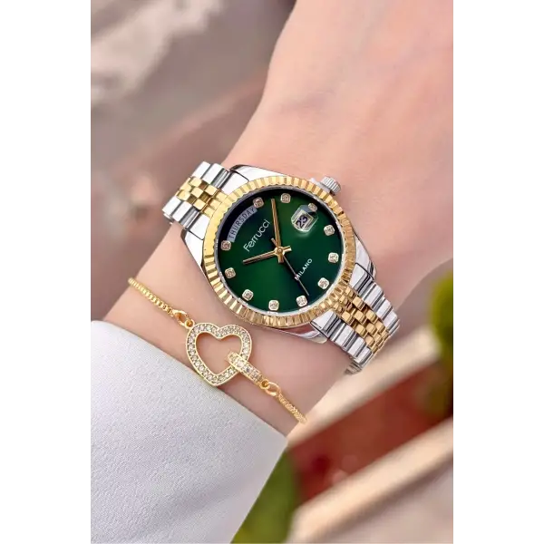 Kadranı Yeşil Kordonu Gold Gümüş Renk Takvimli Kadın Kol Saati ve Bileklik