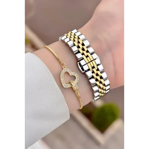 Kadranı Yeşil Kordonu Gold Gümüş Renk Takvimli Kadın Kol Saati ve Bileklik