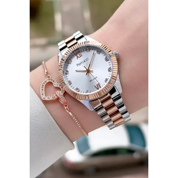 Rose Gümüş Renk Kadın Kol Saati ve Bileklik