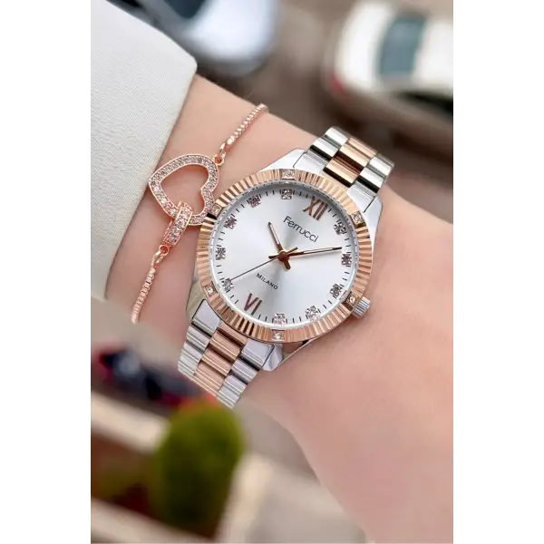 Rose Gümüş Renk Kadın Kol Saati ve Bileklik