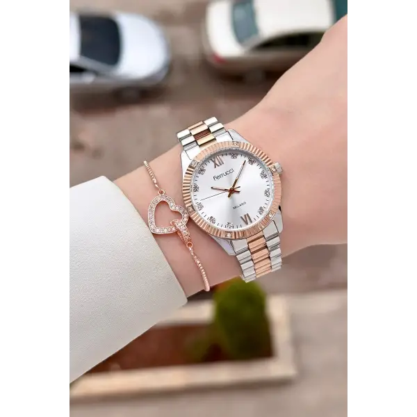 Rose Gümüş Renk Kadın Kol Saati ve Bileklik