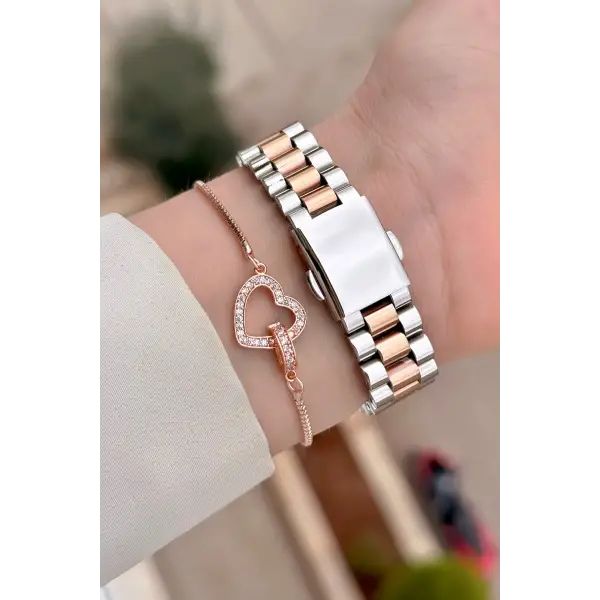 Rose Gümüş Renk Kadın Kol Saati ve Bileklik