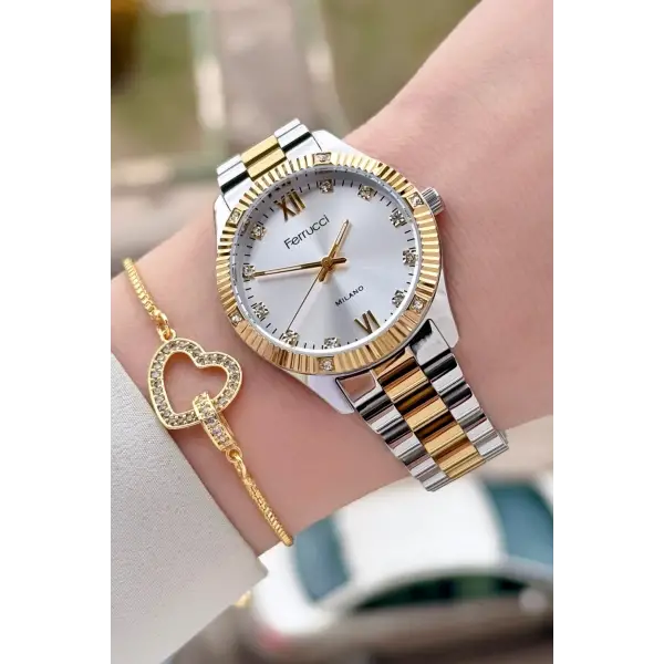 Gold Gümüş Renk Kadın Kol Saati ve Bileklik