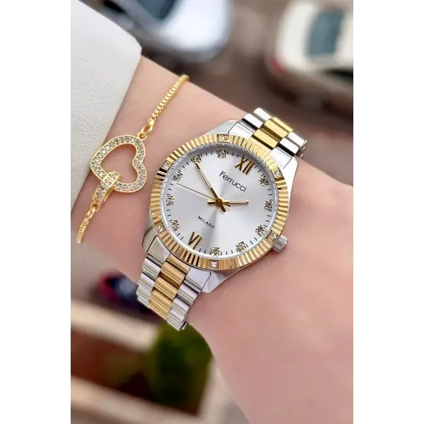 Gold Gümüş Renk Kadın Kol Saati ve Bileklik