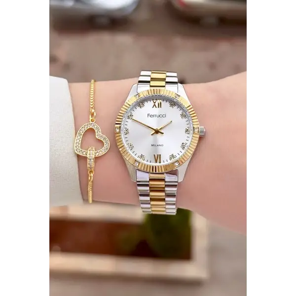 Gold Gümüş Renk Kadın Kol Saati ve Bileklik