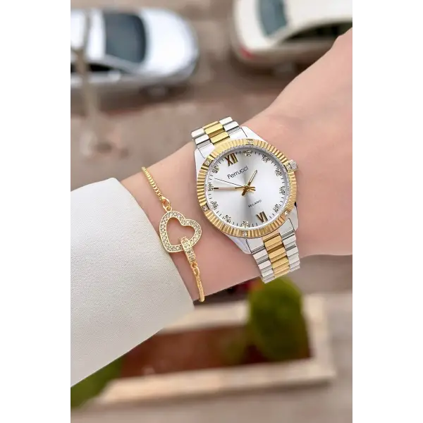 Gold Gümüş Renk Kadın Kol Saati ve Bileklik