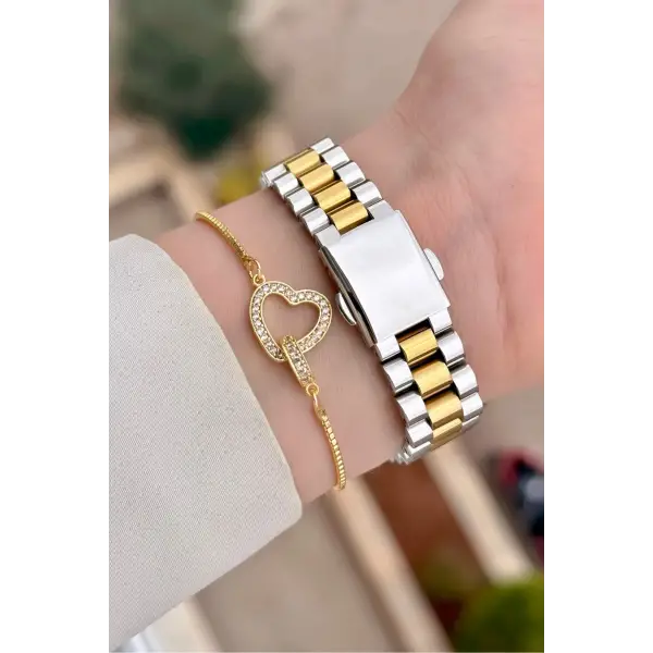 Gold Gümüş Renk Kadın Kol Saati ve Bileklik
