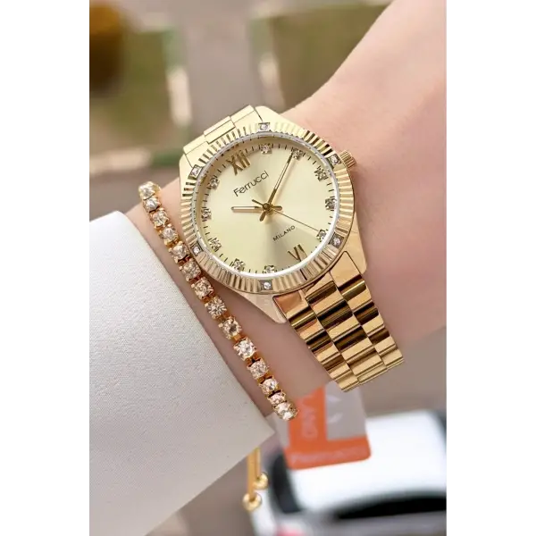 Gold Renk Kadın Kol Saati ve Bileklik