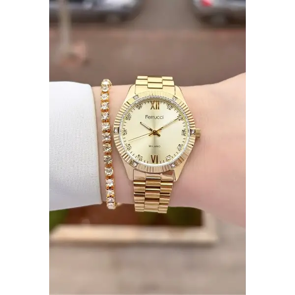 Gold Renk Kadın Kol Saati ve Bileklik