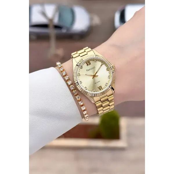 Gold Renk Kadın Kol Saati ve Bileklik