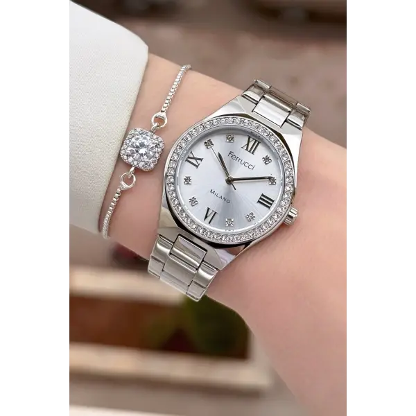 Gümüş Renk Kadın Kol Saati ve Bileklik