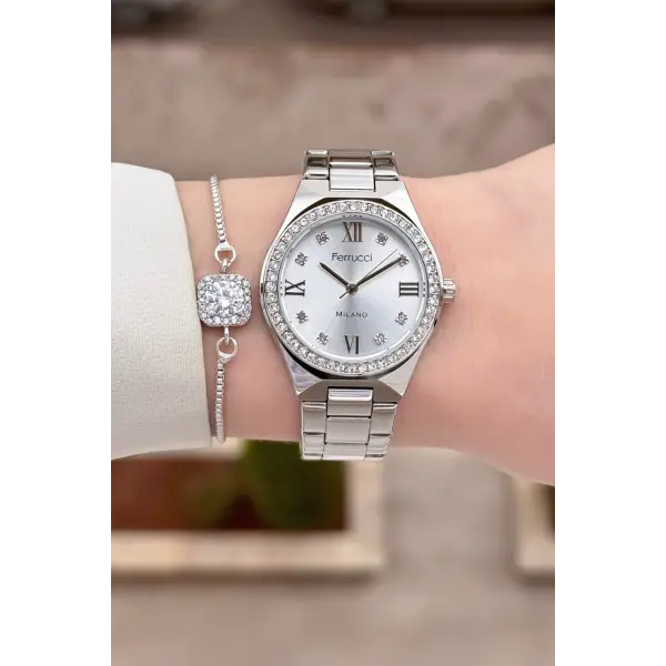 Gümüş Renk Kadın Kol Saati ve Bileklik