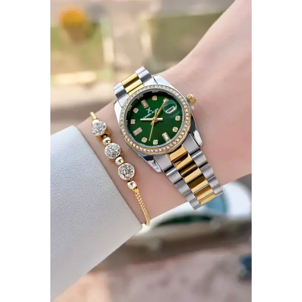 Kadranı Yeşil Kordonu Gold Gümüş Renk 28 Mm Kadın Kol Saati ve Bileklik