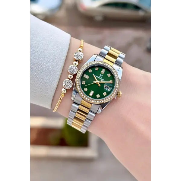 Kadranı Yeşil Kordonu Gold Gümüş Renk 28 Mm Kadın Kol Saati ve Bileklik