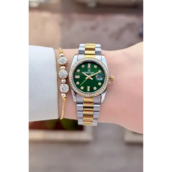 Kadranı Yeşil Kordonu Gold Gümüş Renk 28 Mm Kadın Kol Saati ve Bileklik
