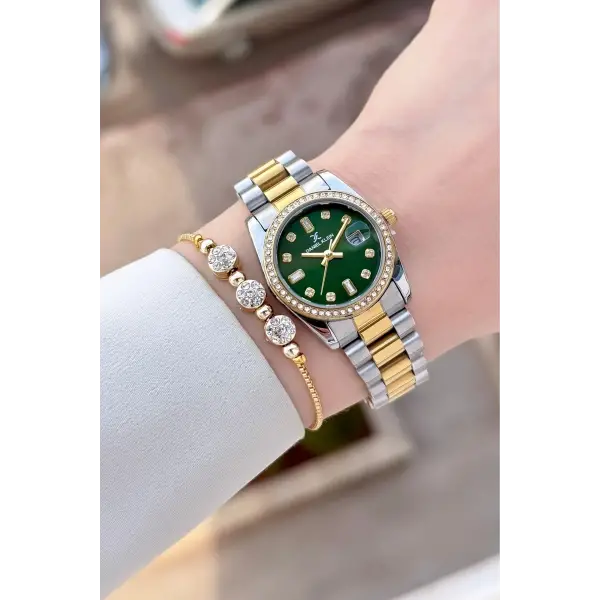 Kadranı Yeşil Kordonu Gold Gümüş Renk 28 Mm Kadın Kol Saati ve Bileklik