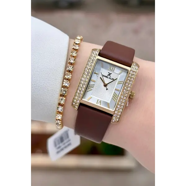 Kasası Gold Kordonu Kahverengi Renk Kadın Kol Saati ve Bileklik