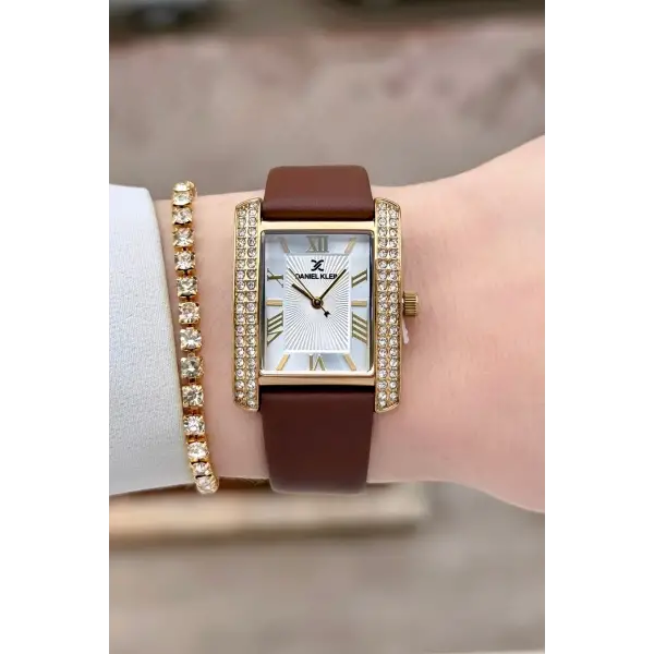 Kasası Gold Kordonu Kahverengi Renk Kadın Kol Saati ve Bileklik