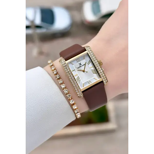Kasası Gold Kordonu Kahverengi Renk Kadın Kol Saati ve Bileklik