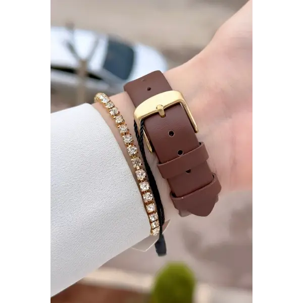 Kasası Gold Kordonu Kahverengi Renk Kadın Kol Saati ve Bileklik