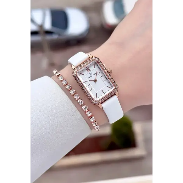 Kasası Rose Kordonu Beyaz Renk Kadın Kol Saati ve Bileklik