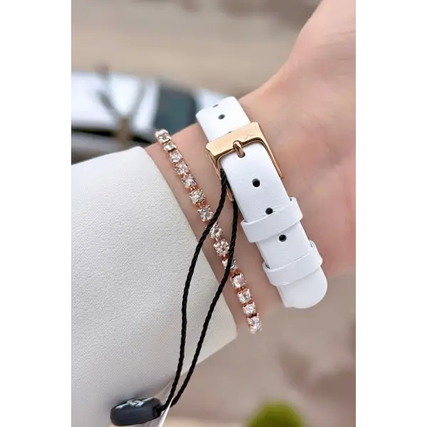 Kasası Rose Kordonu Beyaz Renk Kadın Kol Saati ve Bileklik