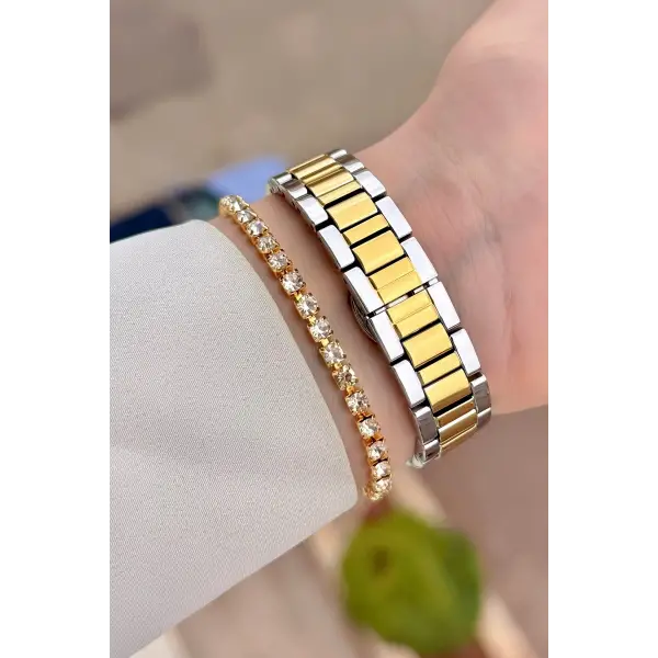 Gold Gümüş Renk 32 Mm Kadın Kol Saati ve Bileklik